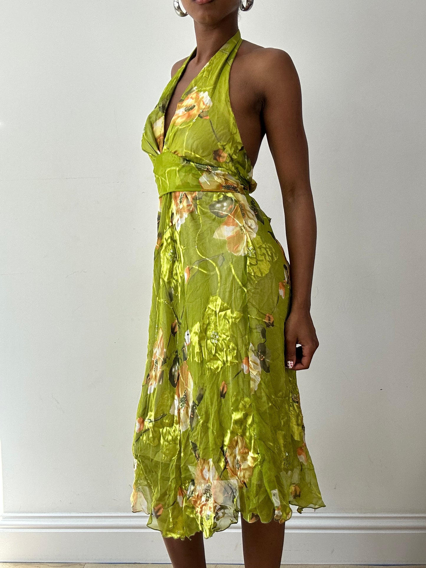 vintage edit twenty-seven | small green iridescent halterneck dress with floral pattern
