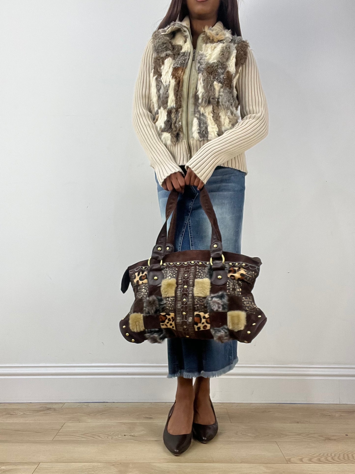 vintage edit thirty-three | brown faux fur patchwork shoulder bag