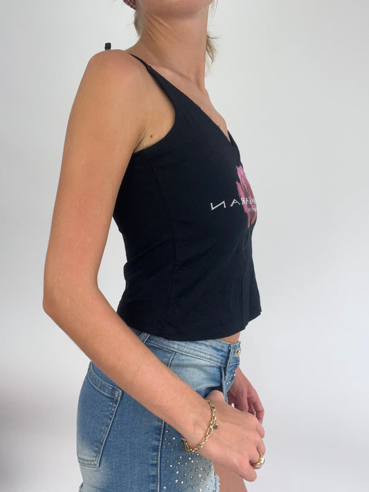BRITISH SUMMER GIRL DROP | small black cami with rose graphic