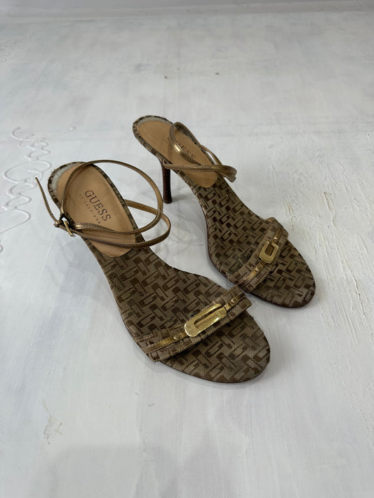 vintage edit thirty-three | UK6.5 brown guess strappy heels with monogram print
