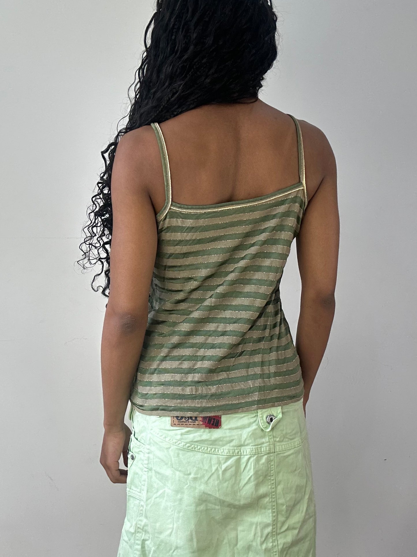 vintage edit twenty-three | large green and gold cami top with glitter stripes