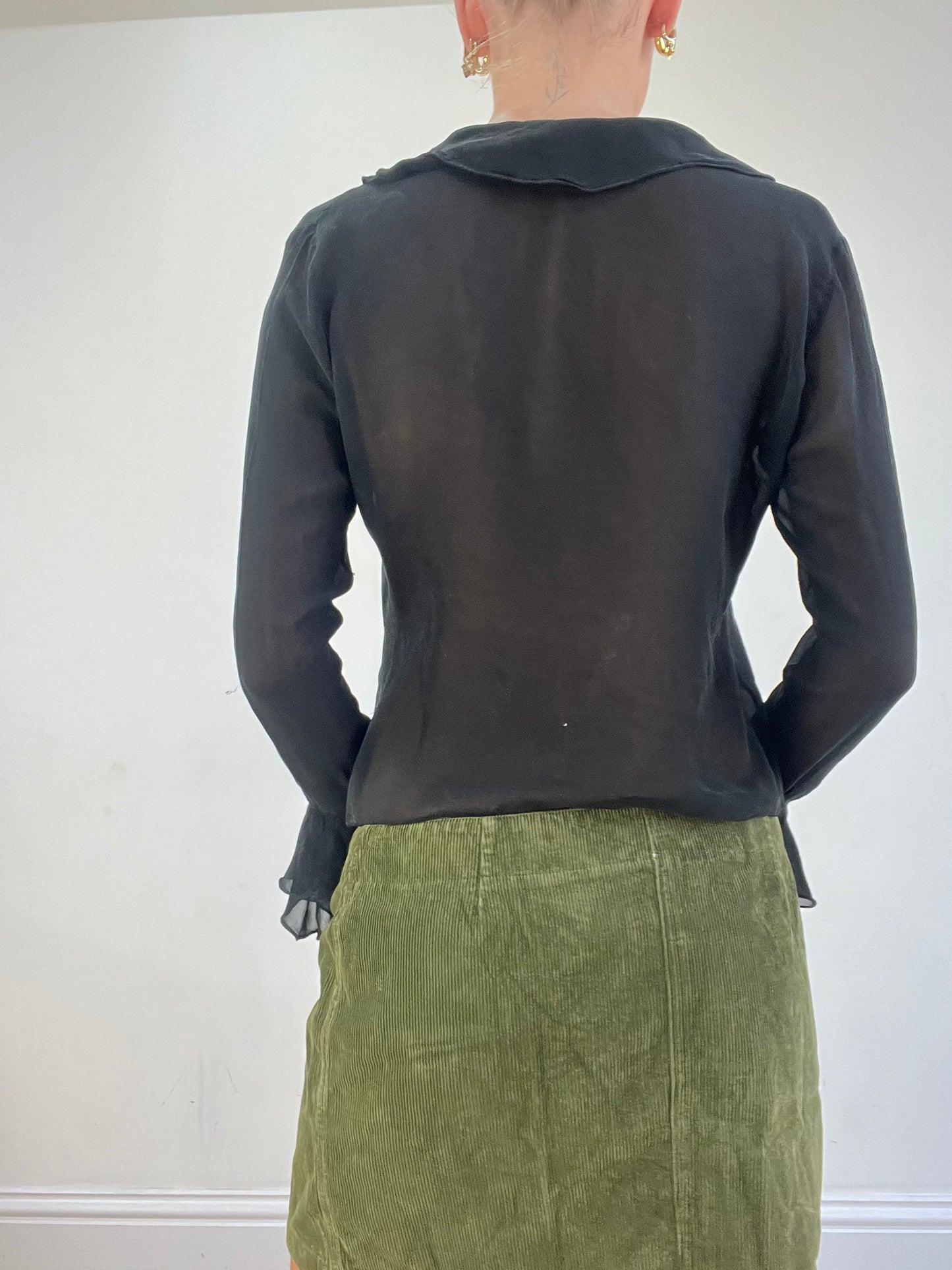 vintage edit sixteen | small black semi sheer ruffle shirt
