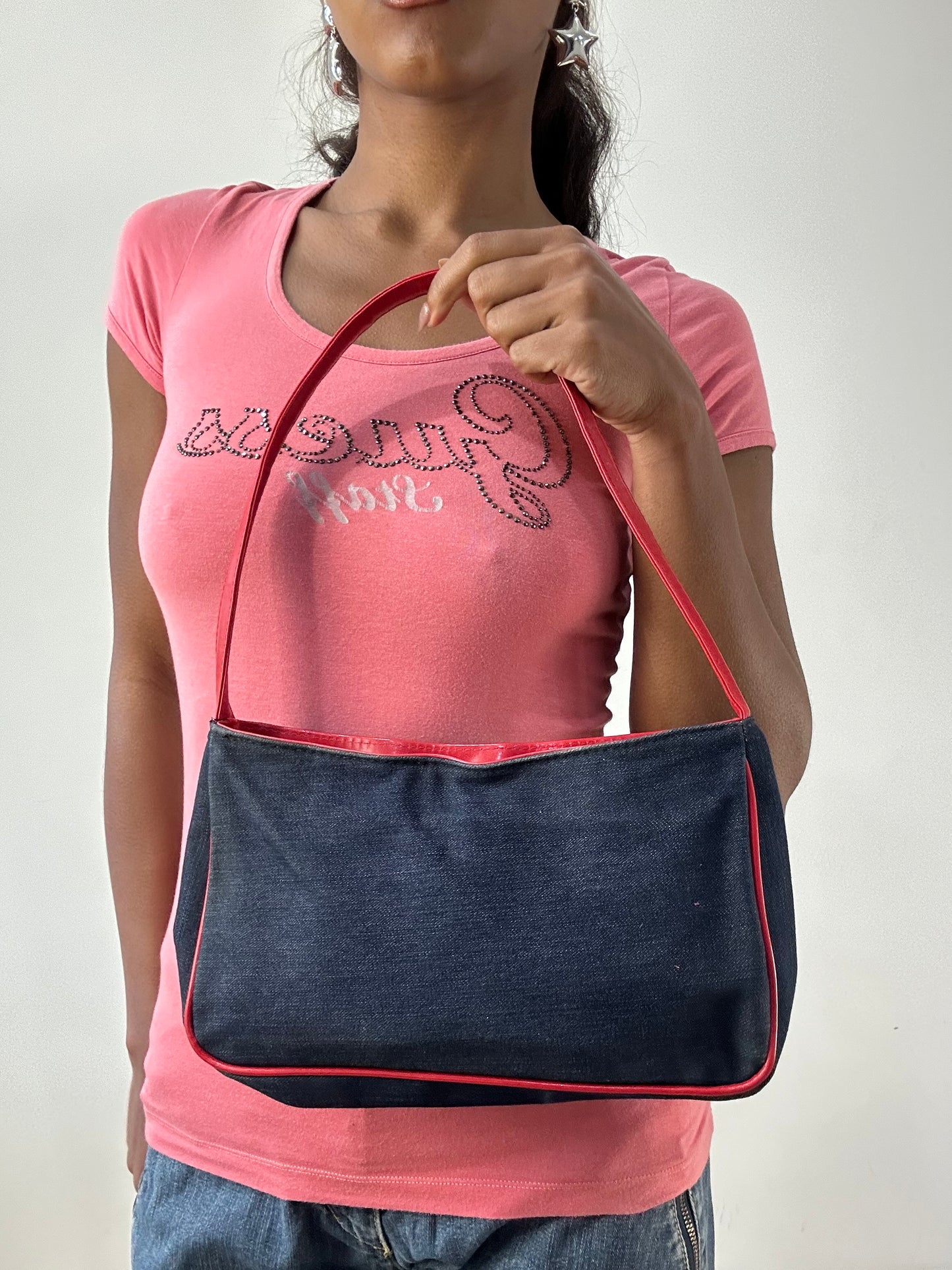 BEST PICKS | blue denim mini shoulder bag with red piping