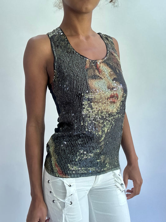 olivia rodrigo drop | small black sequin woman graphic tank top