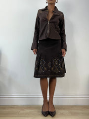 OTOÑO EDITAR | pequeña falda midi asimétrica marrón con bordado floral