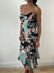vintage edit: festival | medium blue and black floral midi dress with asymmetric hem