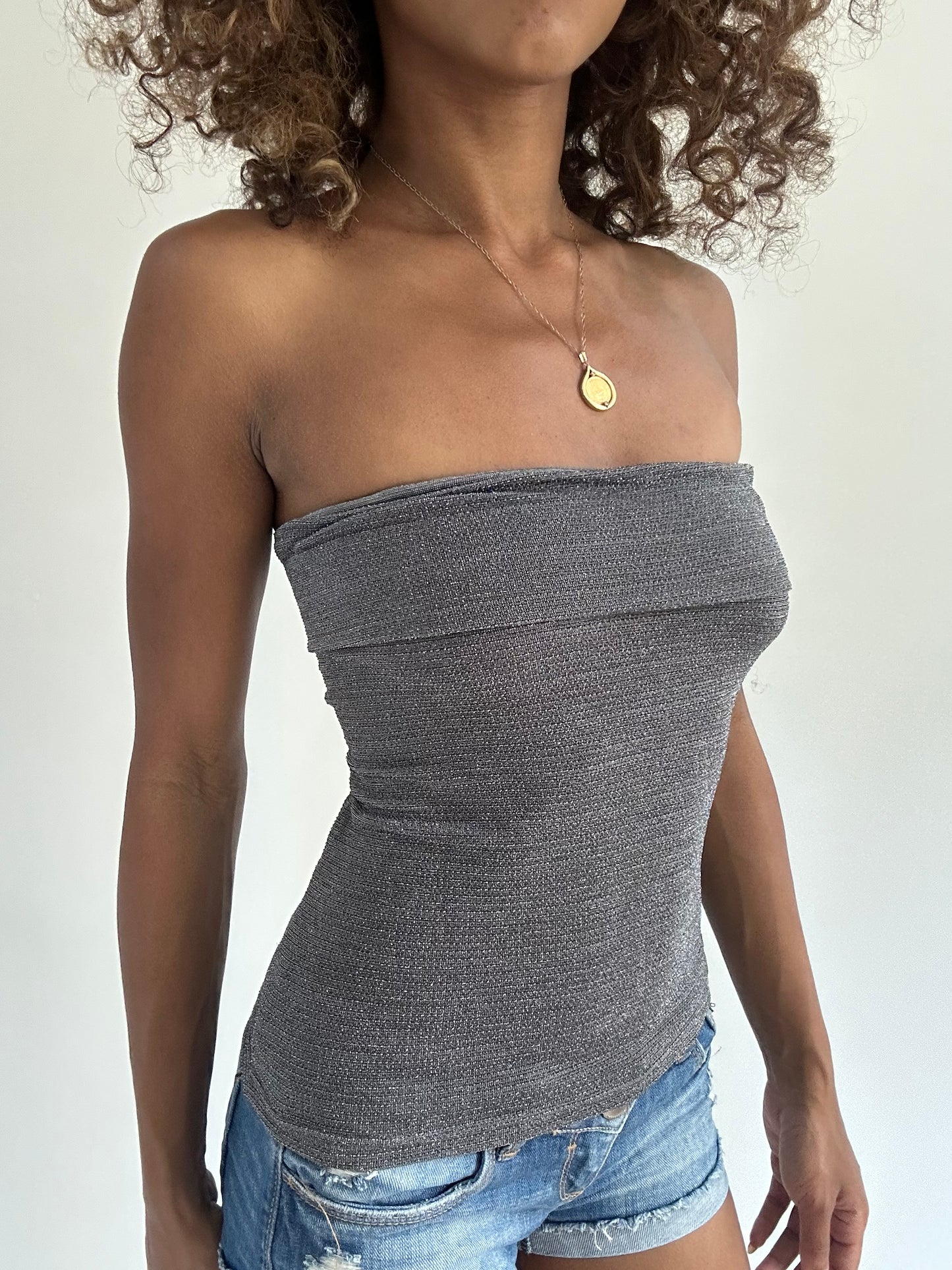 euro trash | small grey sparkle strapless top