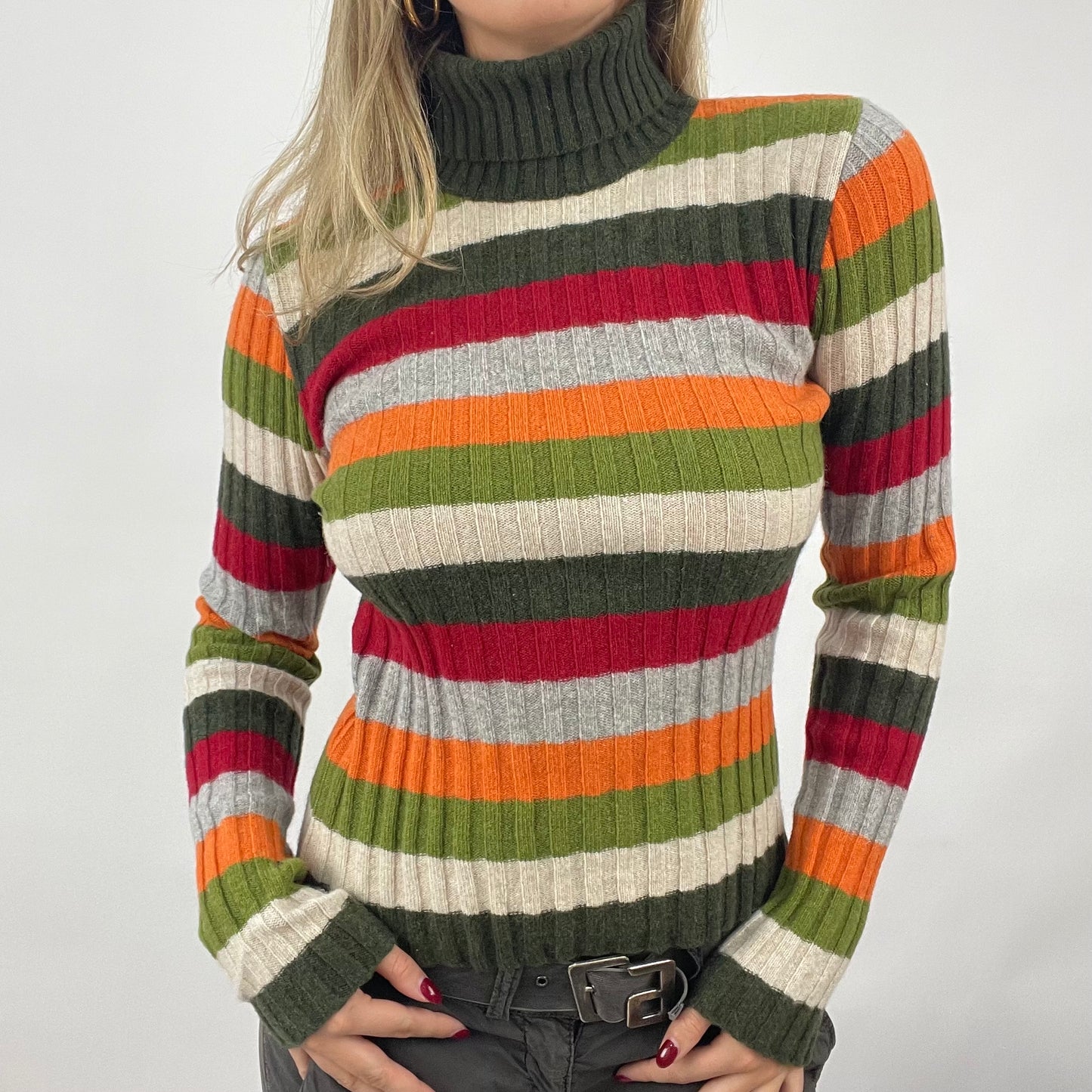 VINTAGE GEMS DROP | medium green knit stripe turtleneck jumper