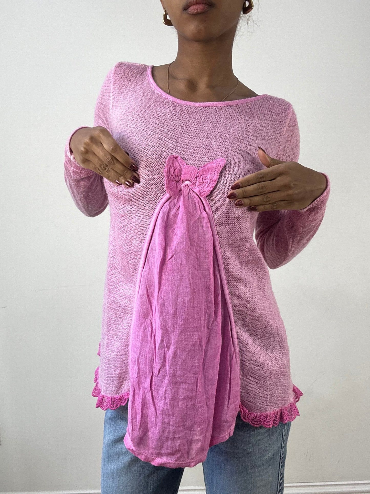 winter edit | small pink sheer knit jumper with ruffle hem detail