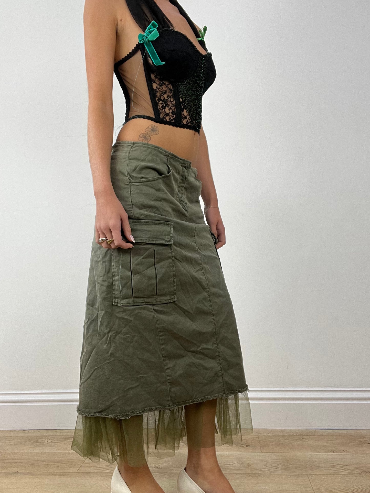 💻HALLOWEEN | medium khaki denim and mesh maxi skirt