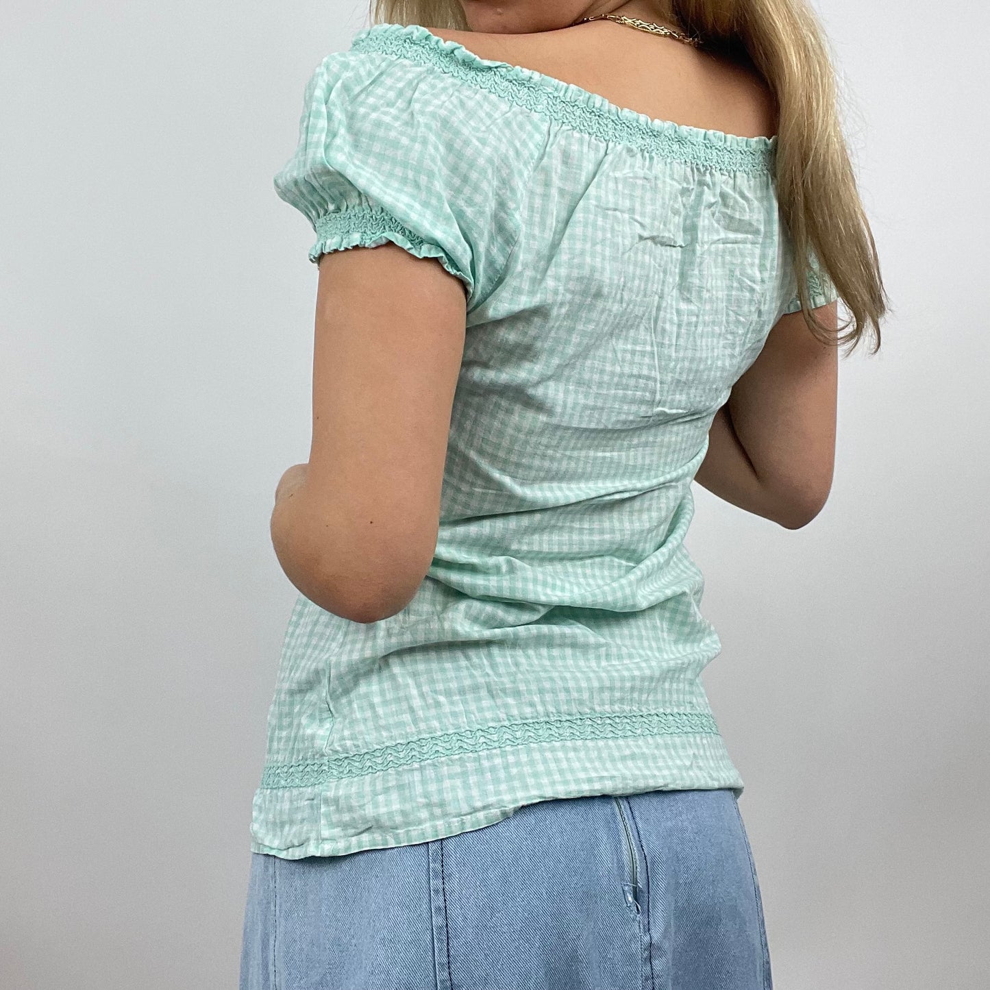 💚 💻 BEST PICKS | small fishbone blue gingham off shoulder milkmaid style top