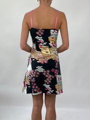 PALM BEACH DROP | small black dress with pink graphic pattern all over and ‘french’ spell out