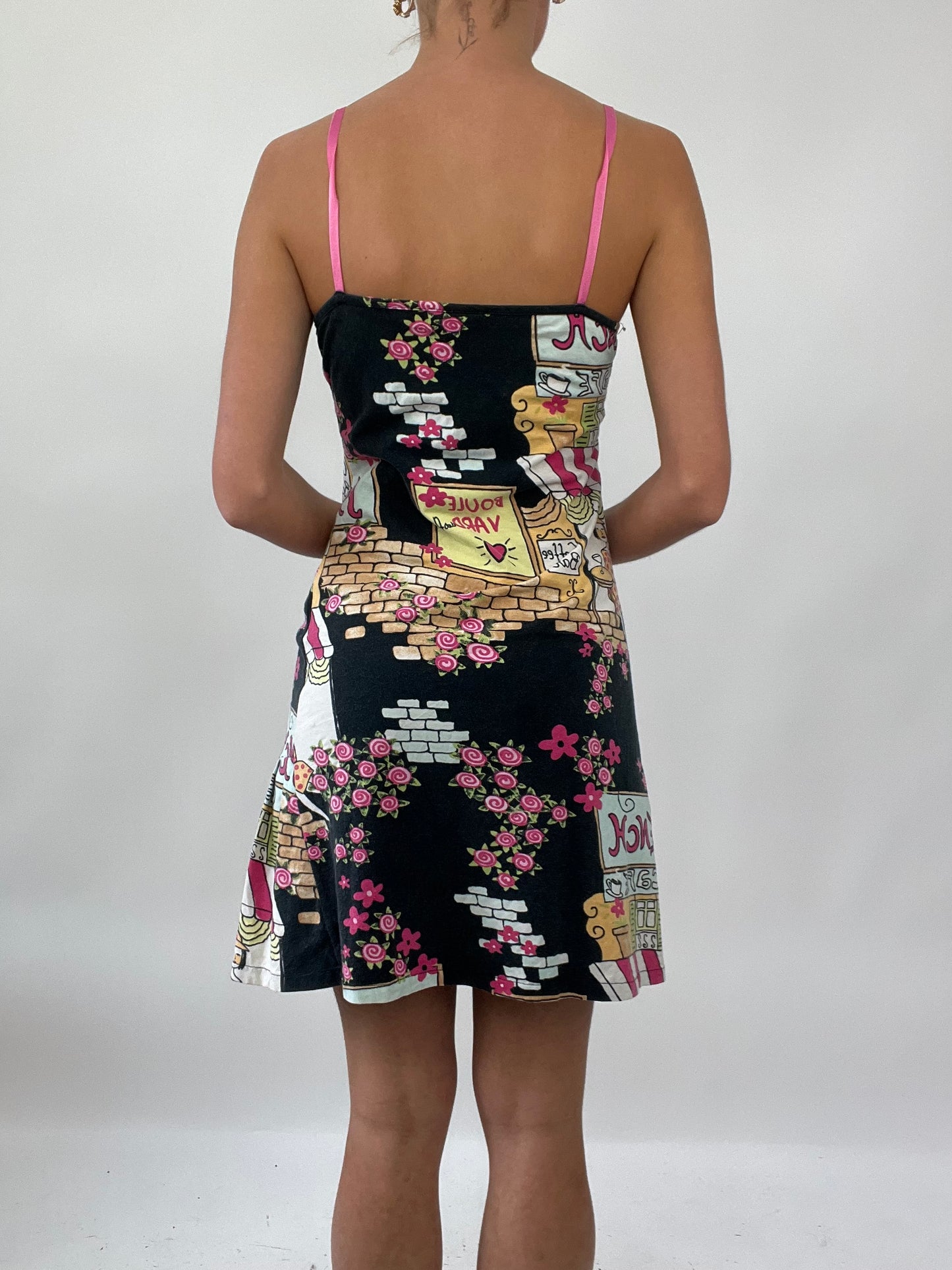 PALM BEACH DROP | small black dress with pink graphic pattern all over and ‘french’ spell out