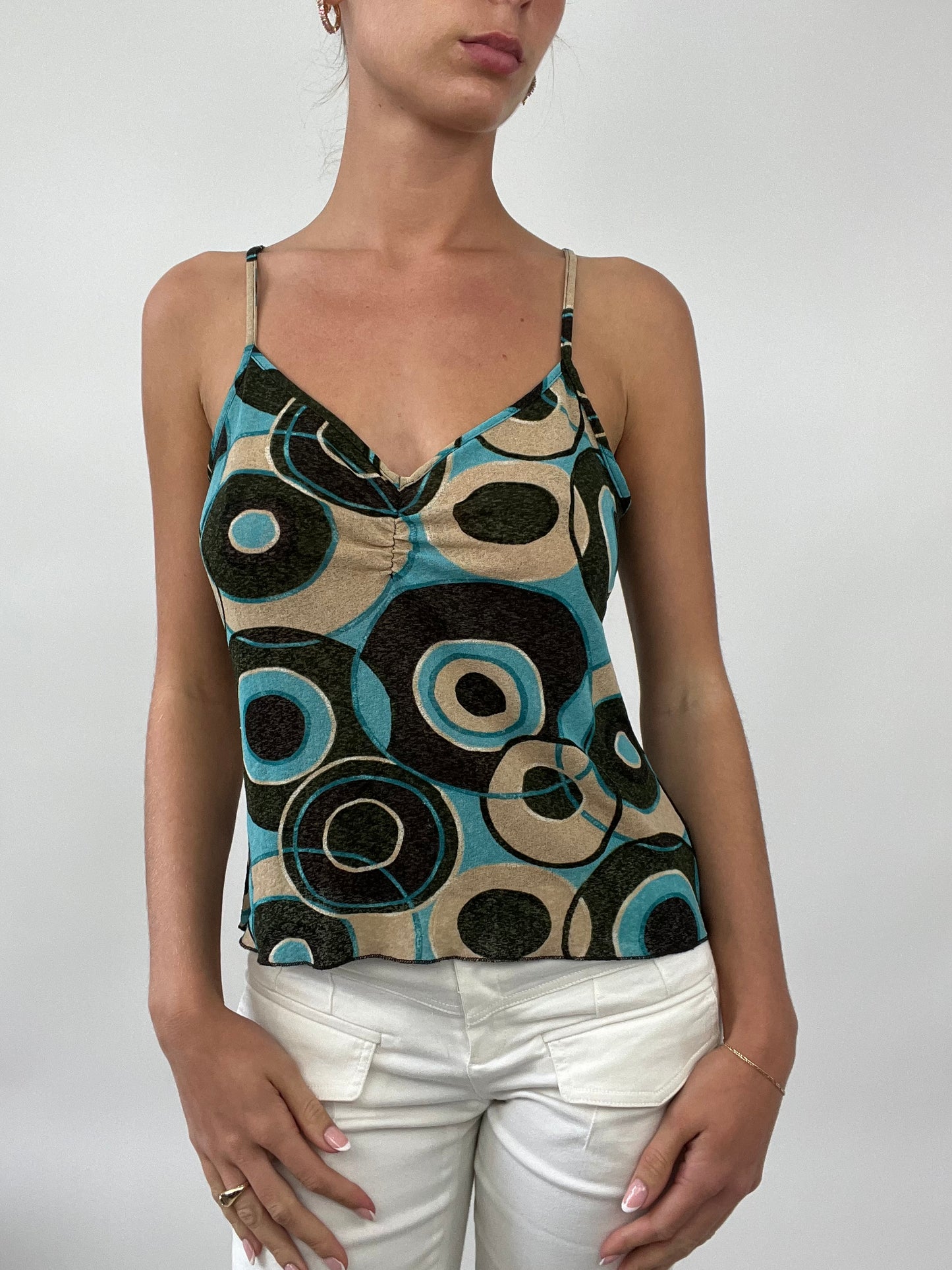 PALM BEACH DROP | small blue cami with brown circle pattern