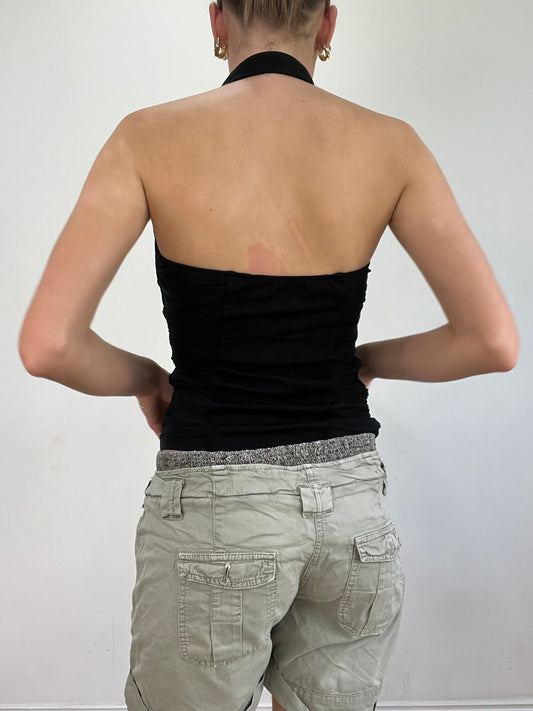 vintage edit twenty | small black halterneck top with gold stud and zip details