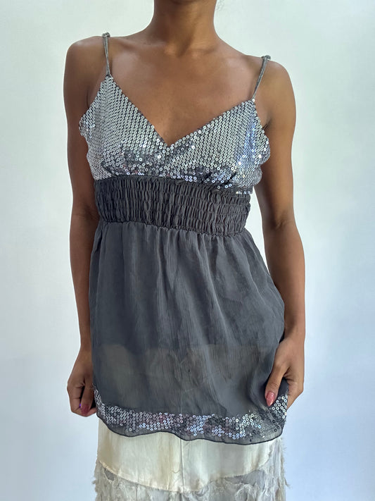 olivia rodrigo drop | small grey mesh overlay cami top