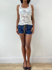 vintage edit: festival | Größe: S · Farbe: Blau · Material: Denim · Artikel: Mini-Shorts · Details: tief + Taille + Leopard + Muster + Schnürung + Bindeband
