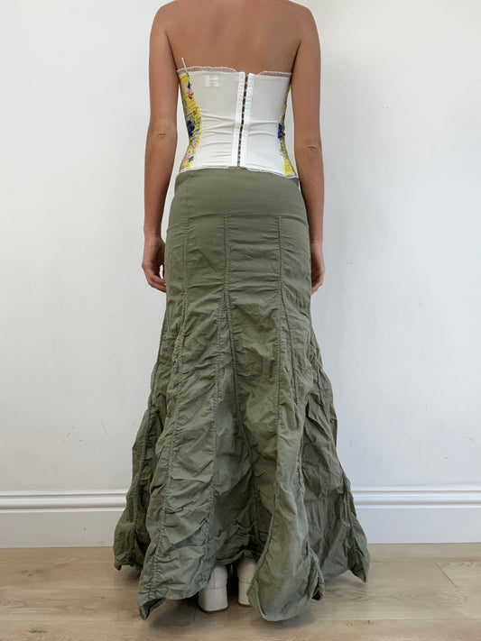 vintage edit eleven | small khaki bubble style ruched maxi skirt