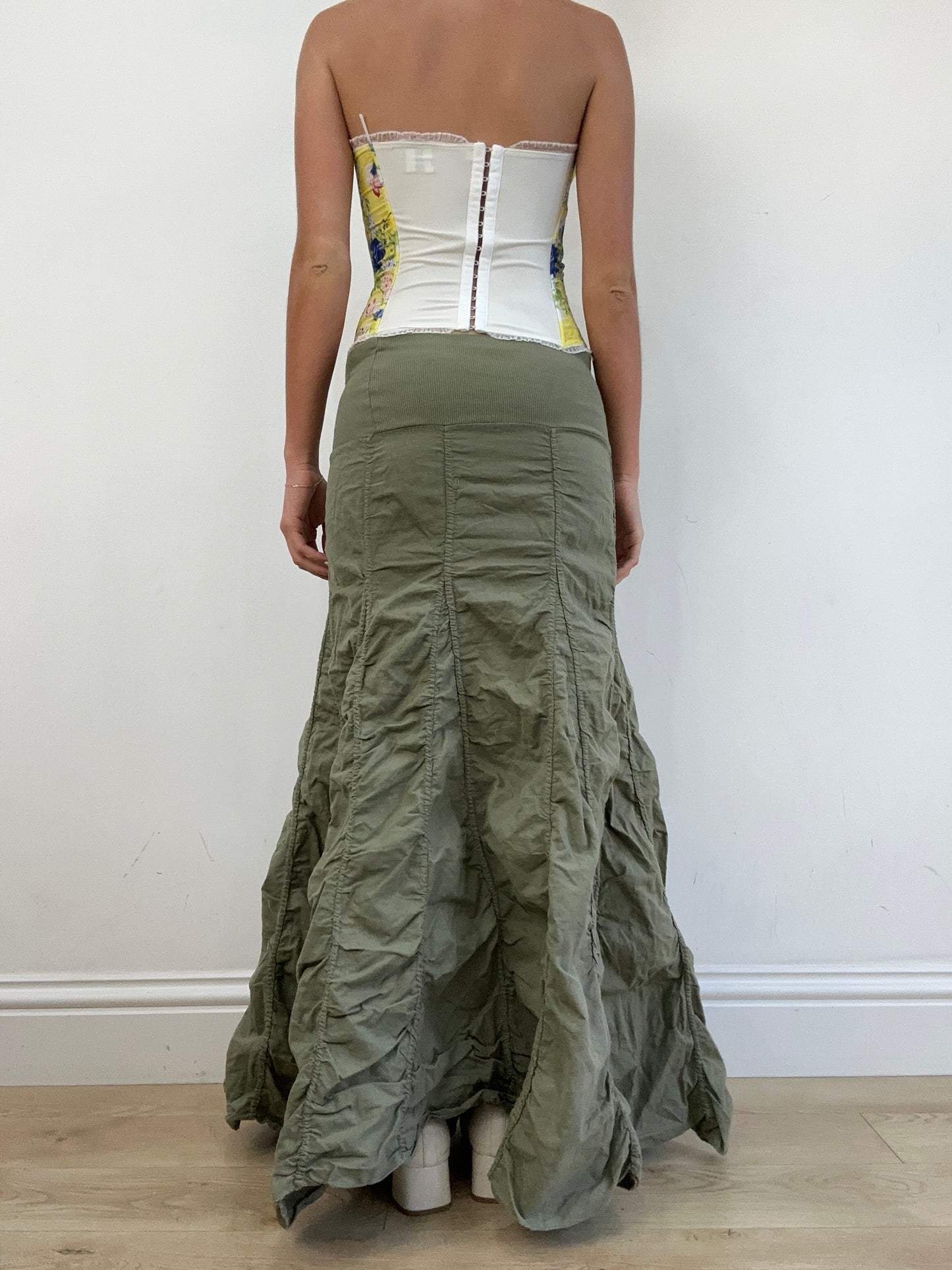 vintage edit eleven | small khaki bubble style ruched maxi skirt