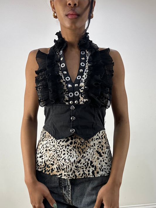 MOB WIFE DROP | small leopard print halterneck top with ruffle front detail