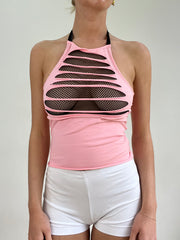 #330 VENTA DE MUESTRAS | Top de cuello halterneck de red rosa extra pequeño