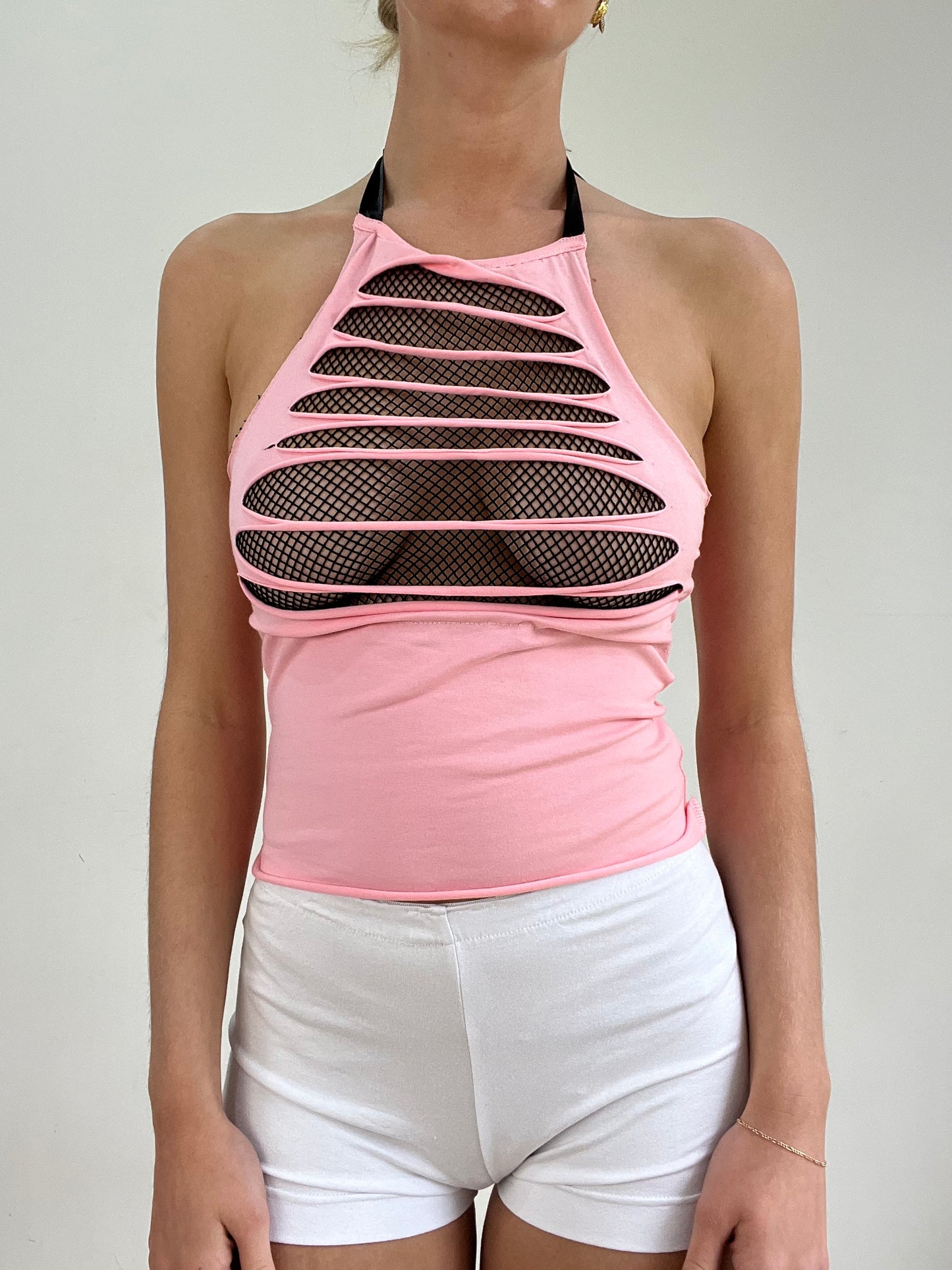#330 SAMPLE SALE | extra small pink fishnet halterneck top