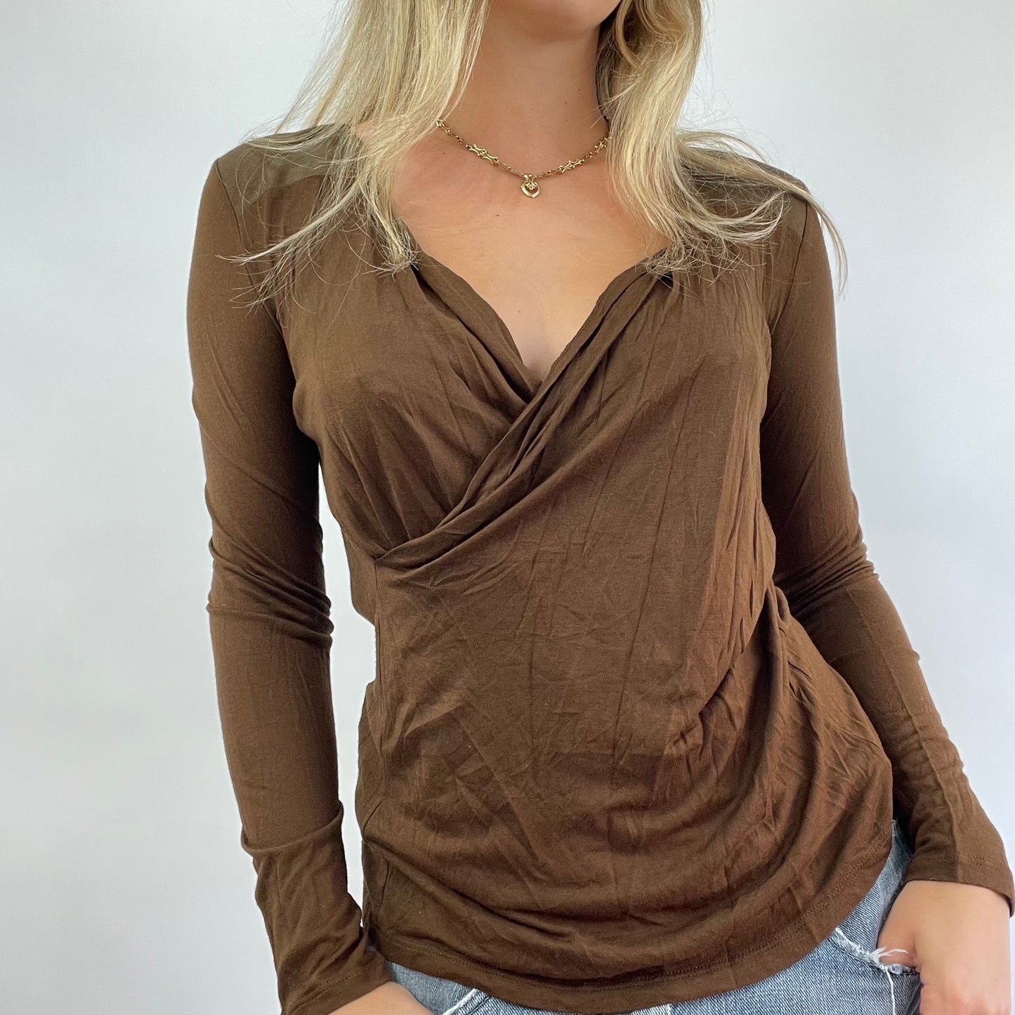 GRUNGE COQUETTE DROP | small brown wrap style long sleeve top