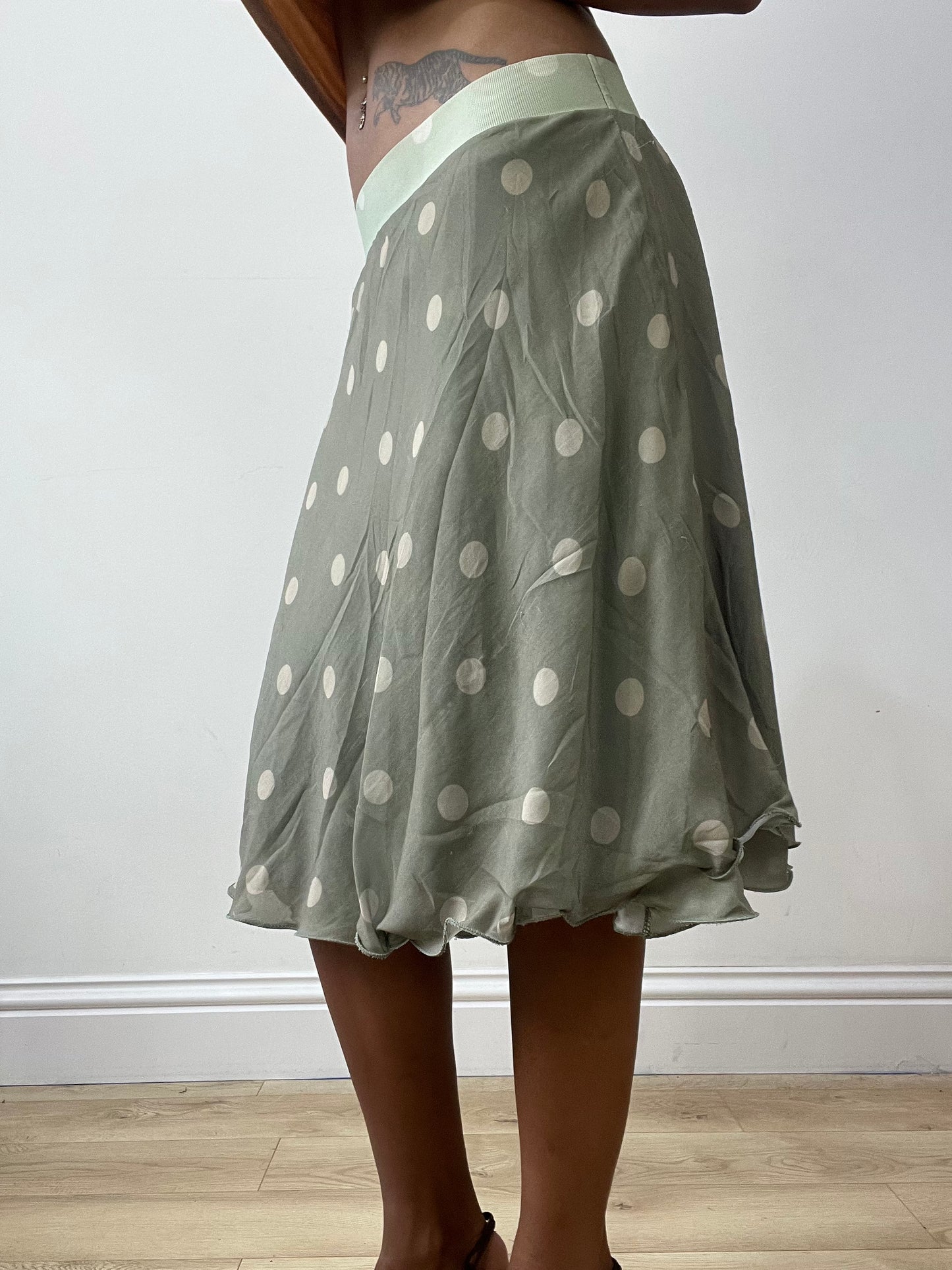 vintage edit thirty-two | extra small green a-line midi skirt with polka dot print