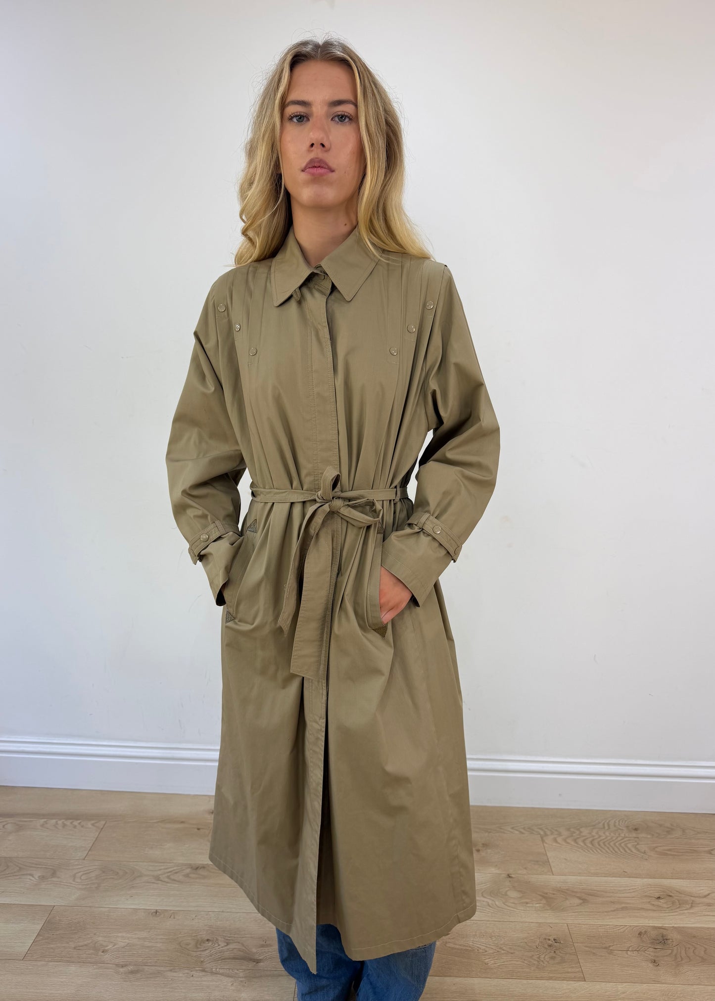 large beige trench coat