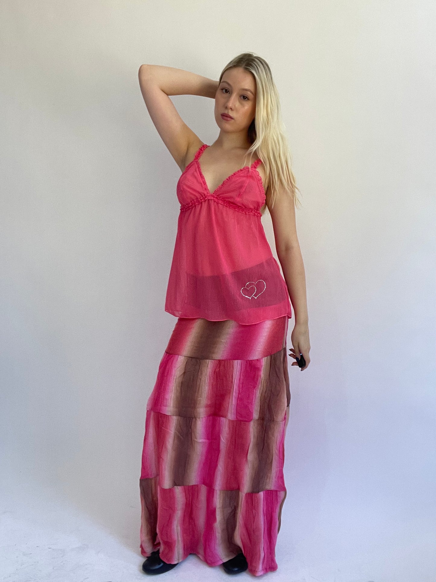 Y2K| small pink patterned maxi skirt