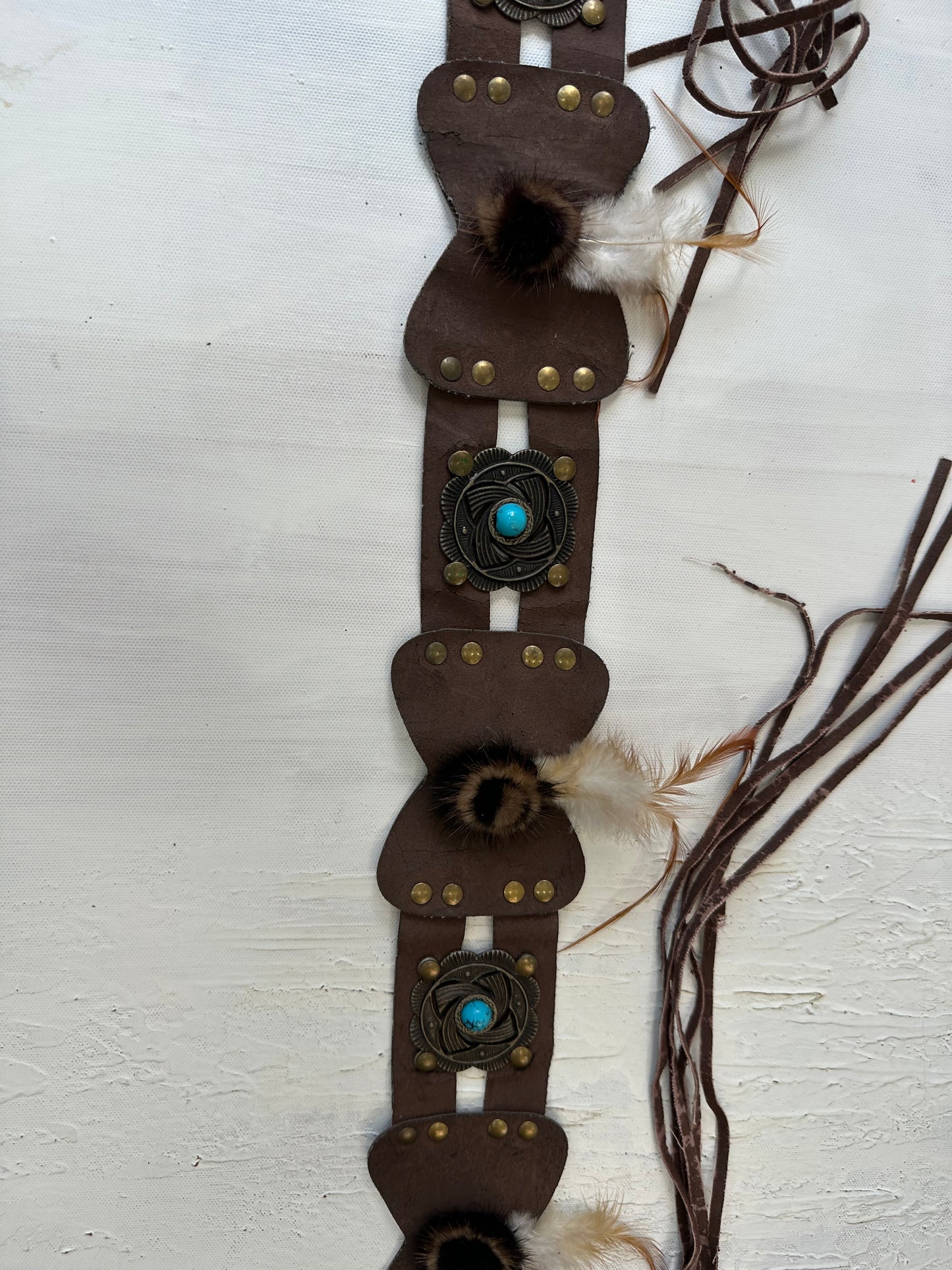 vintage edit twenty-nine | brown belt with faux fur and feather detail