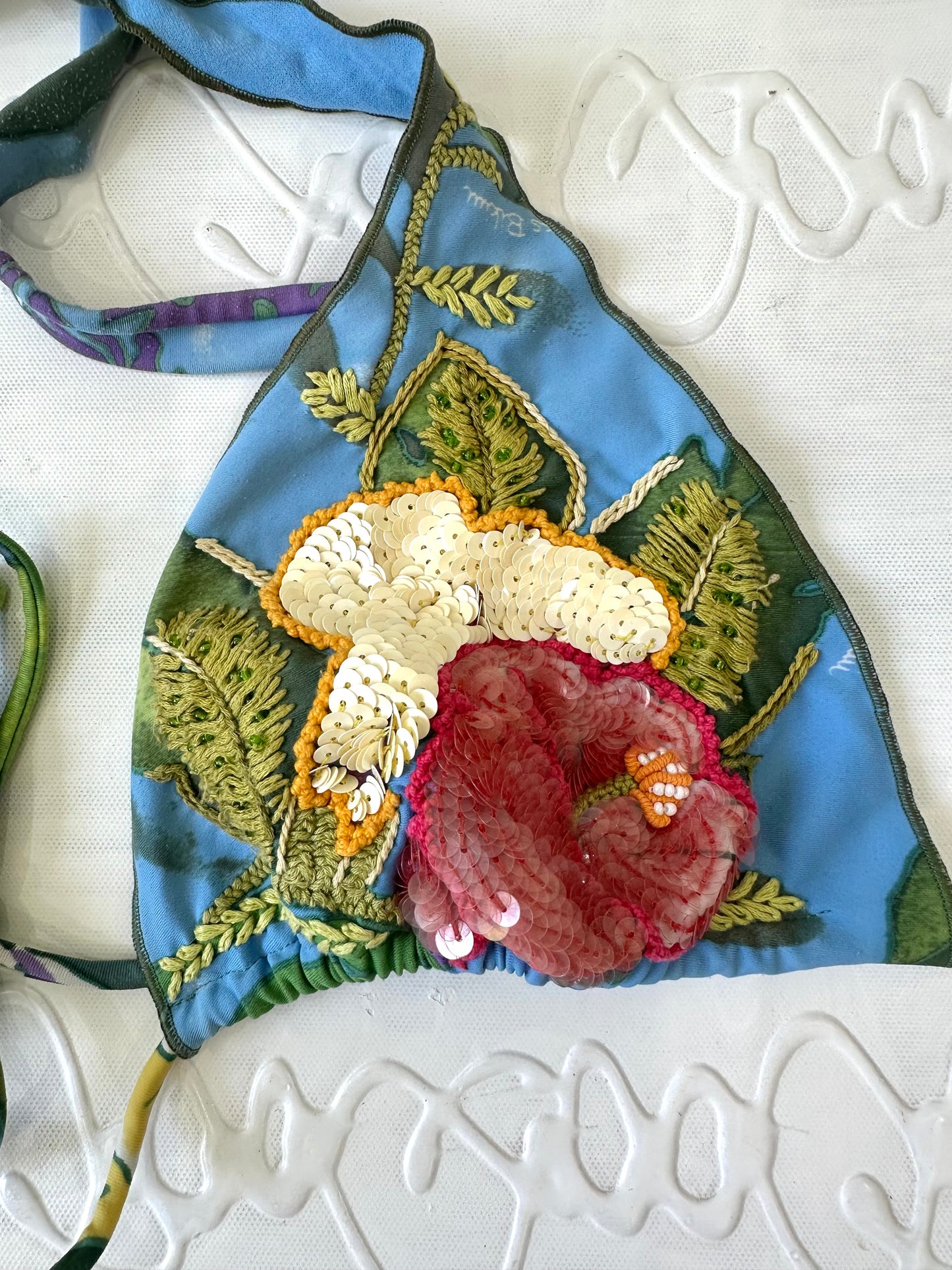 festival drop | medium/large blue floral sequin bikini top