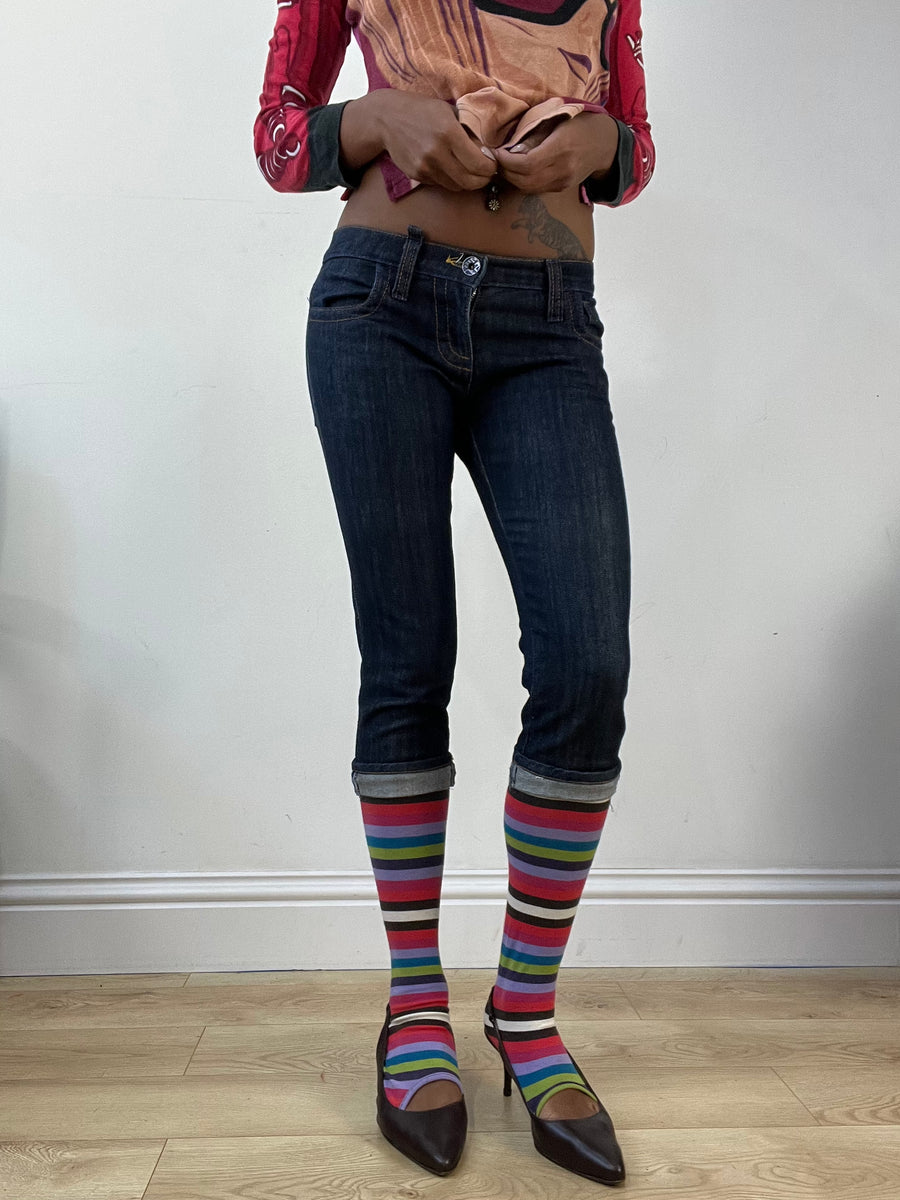 AUTUMN EDIT | taille: XS · couleur: bleu · matière: denim · article: pantacourt · détails: intégré + chaussette + détail + miss sixty