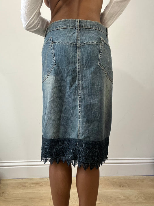 2016 edit | medium blue denim midi skirt with lace trim