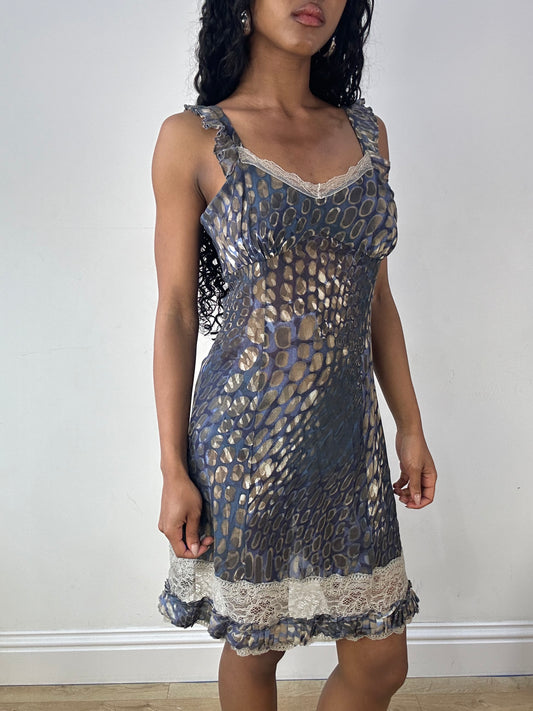 vintage edit twenty-three | small blue liu jo silk mini dress with lace detail