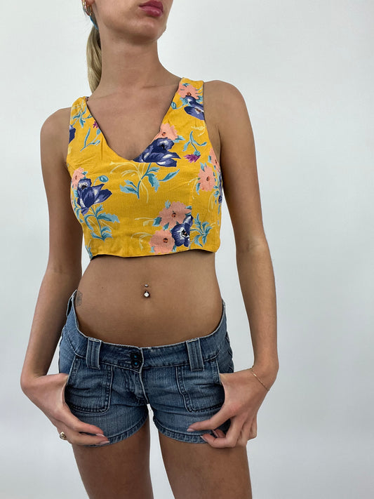 COASTAL COWGIRL DROP | small yellow reversible cropped top with blue floral print