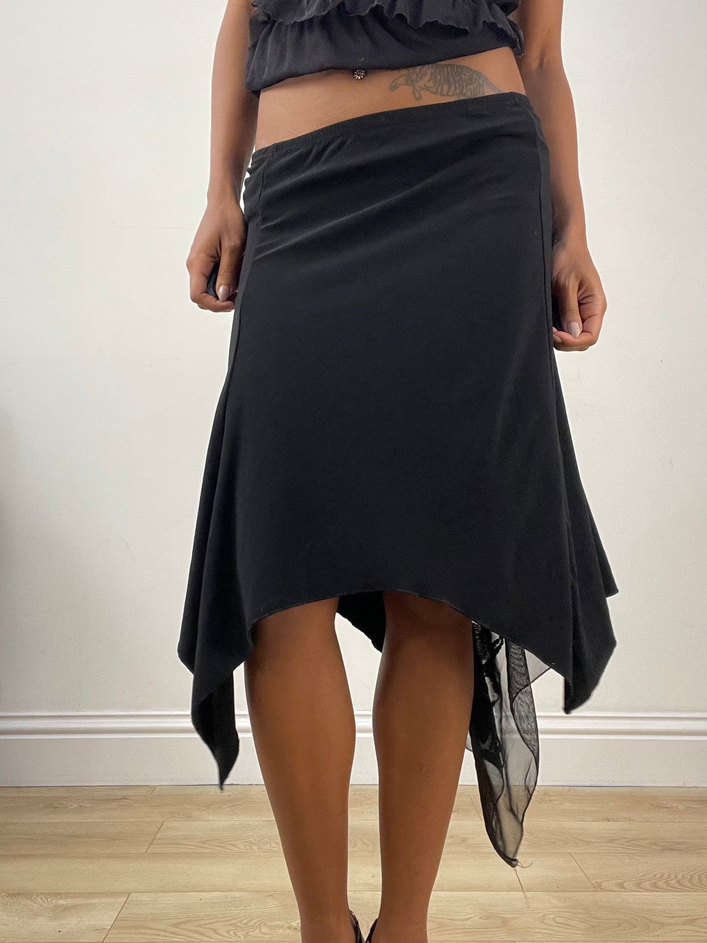 vintage edit: halloween | small black asymmetric midi skirt with lace detail