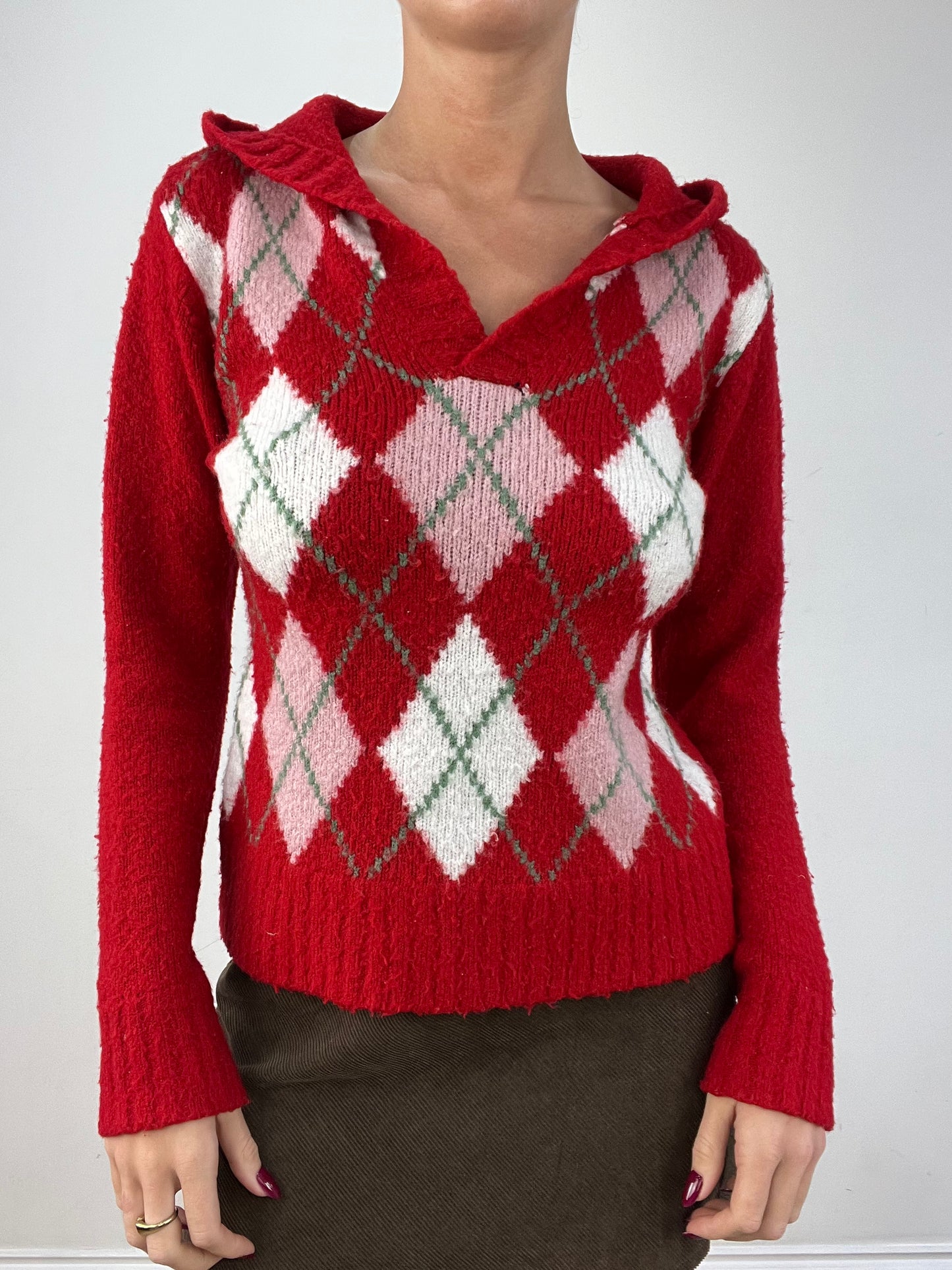 vintage edit twelve | small red pink and white argyle print hooded jumper