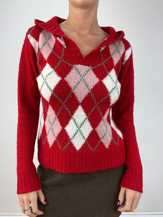 💻💚 vintage edit twelve | small red pink and white argyle print hooded jumper