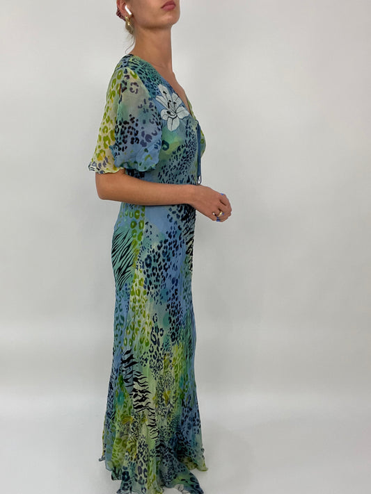 COCONUT GIRL DROP | large blue and green maxi dress with leopard print