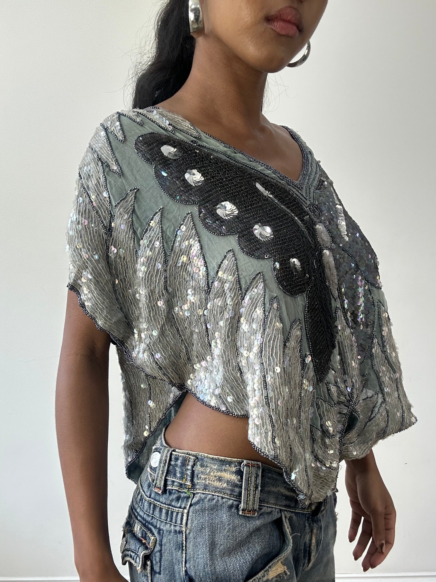 BEST PICKS | small grey and blue silk sequin butterfly poncho top