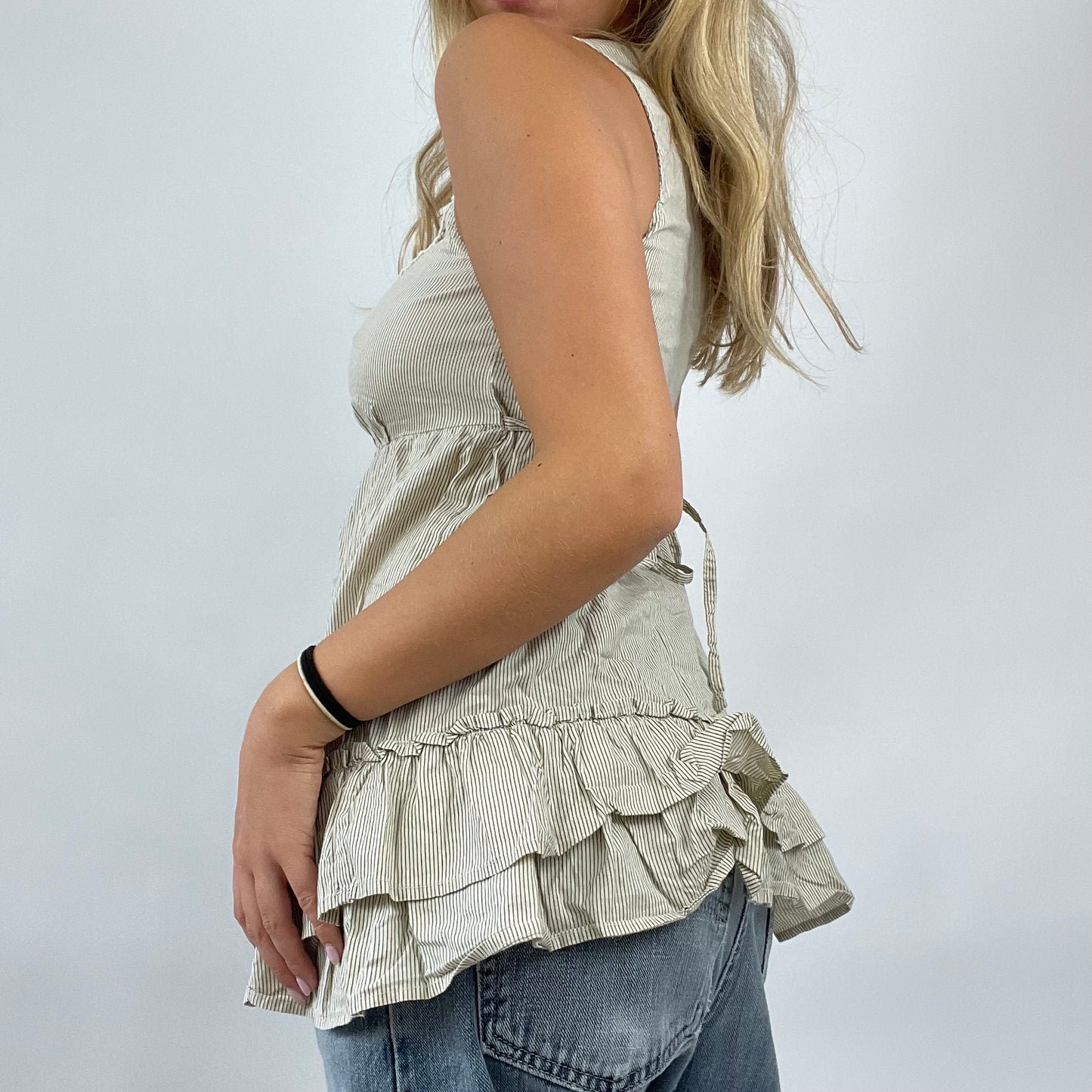 GRUNGE COQUETTE DROP | small beige striped ruffle top