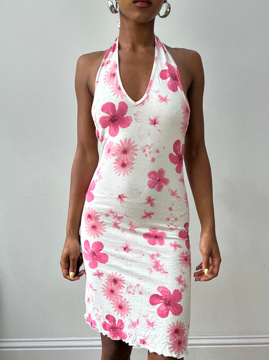 Vintage edit treinta y dos | pequeño vestido midi de cuello alto blanco con estampado de hibisco rosa