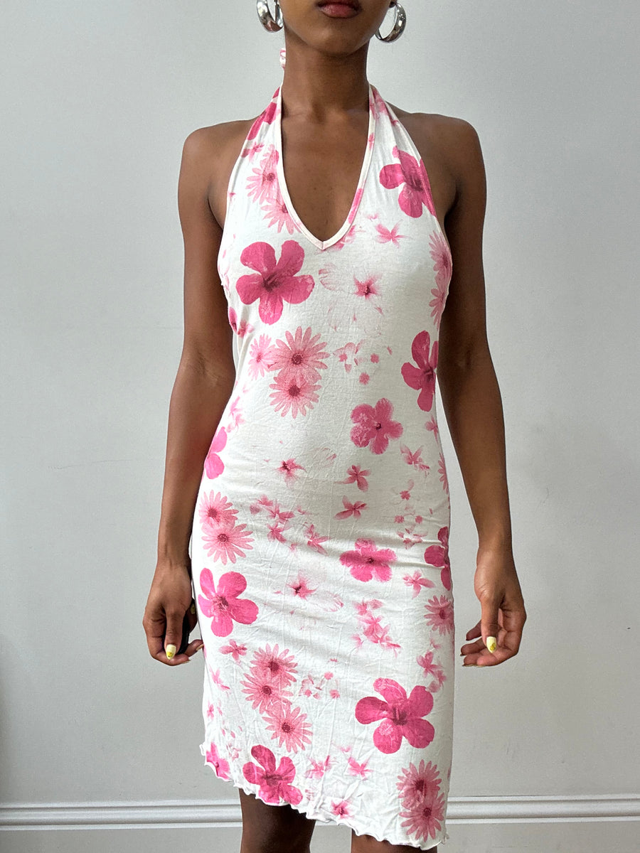Vintage Edit zweiunddreißig | kleines weißes Necker-Halter-Hellsek-Midikleid mit rosa Hibiscus-Print