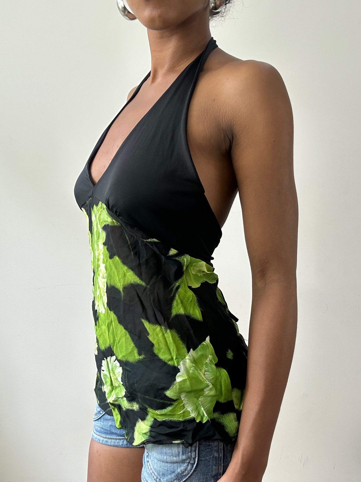 vintage edit twenty-nine | small black halterneck top with green floral print