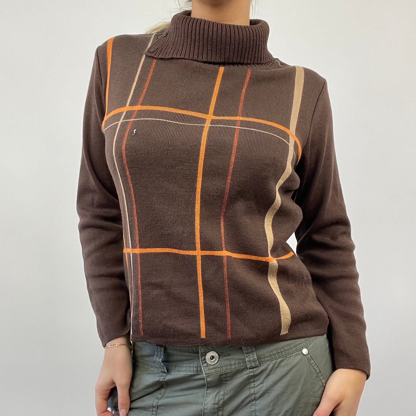 💚 BEST PICKS | small brown checked pattern roll neck jumper