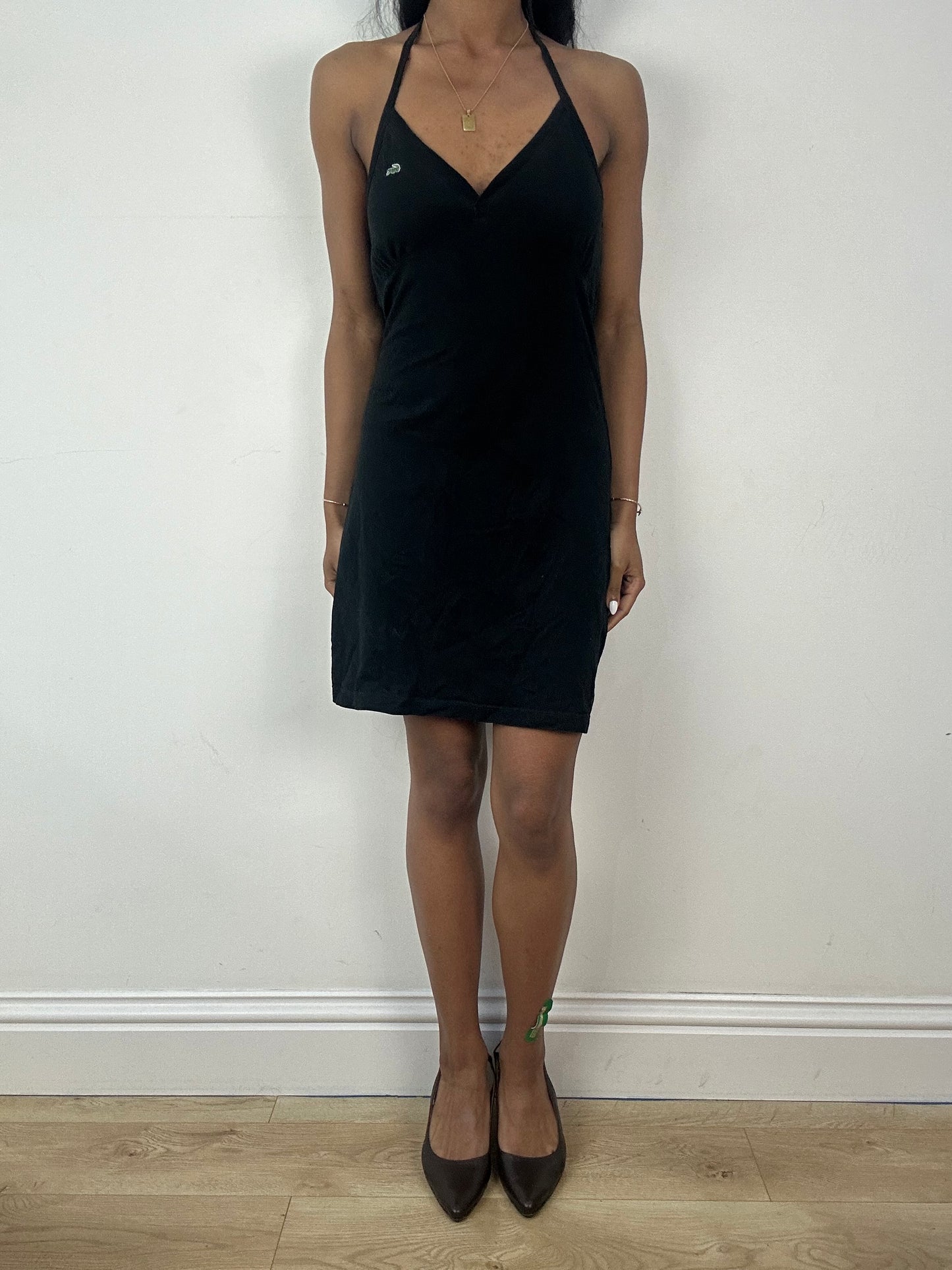 vintage edit eighteen | small black lacoste logo halterneck midi dress
