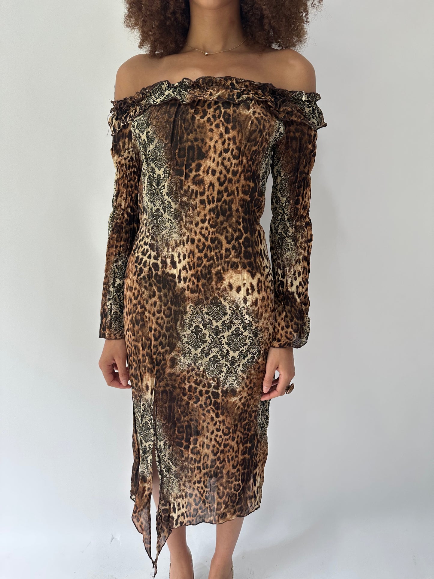 festival drop | medium brown leopard print ruffle midi dress