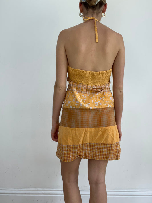 vintage edit twenty eight | extra small orange halterneck dress with panel prints