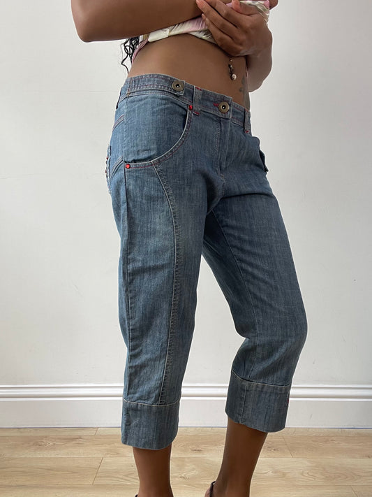 vintage edit twenty-five | medium blue cropped jeans with red rhinestone details